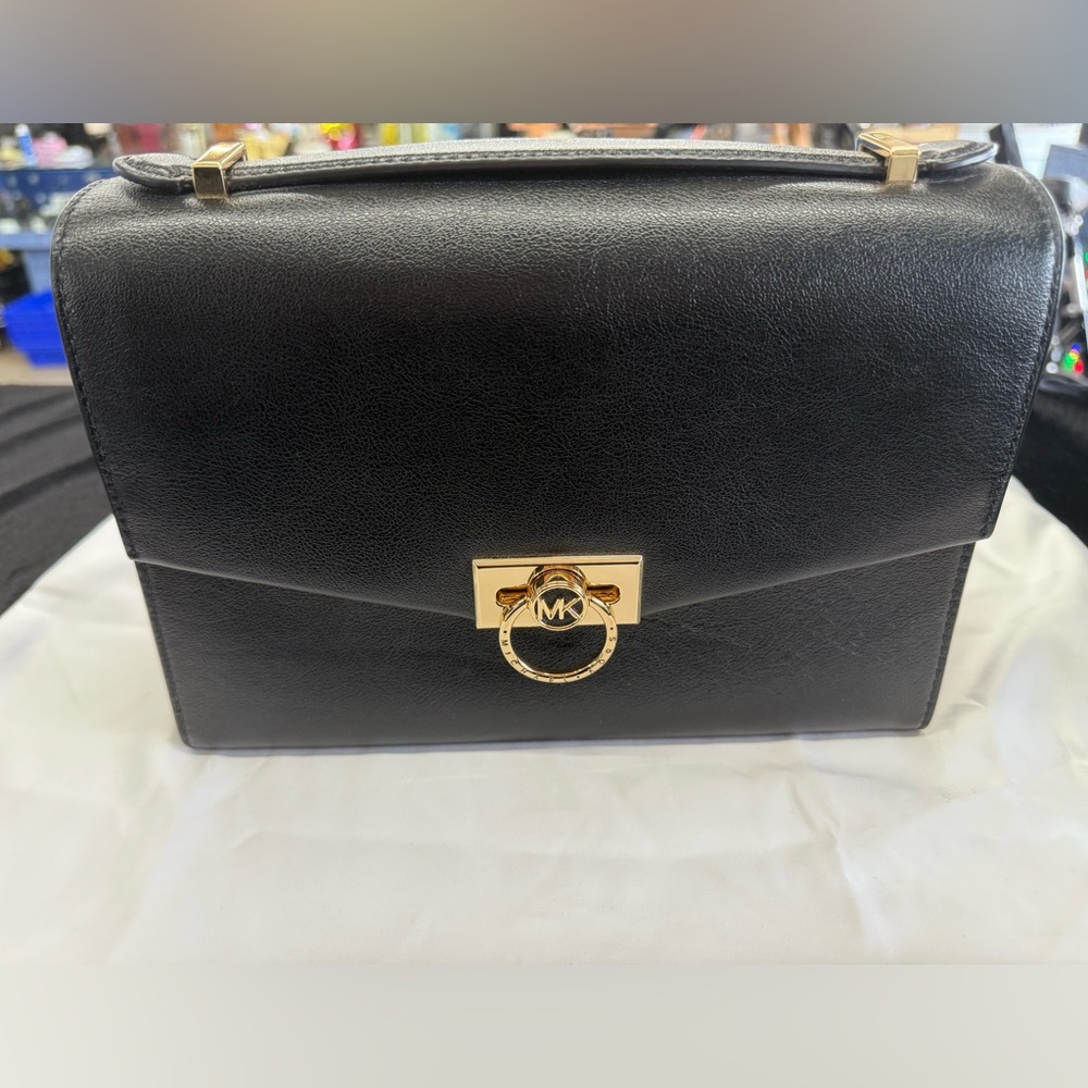 Michael Kors Black Leather Hendrix Crossbody Bag with Gold Accents